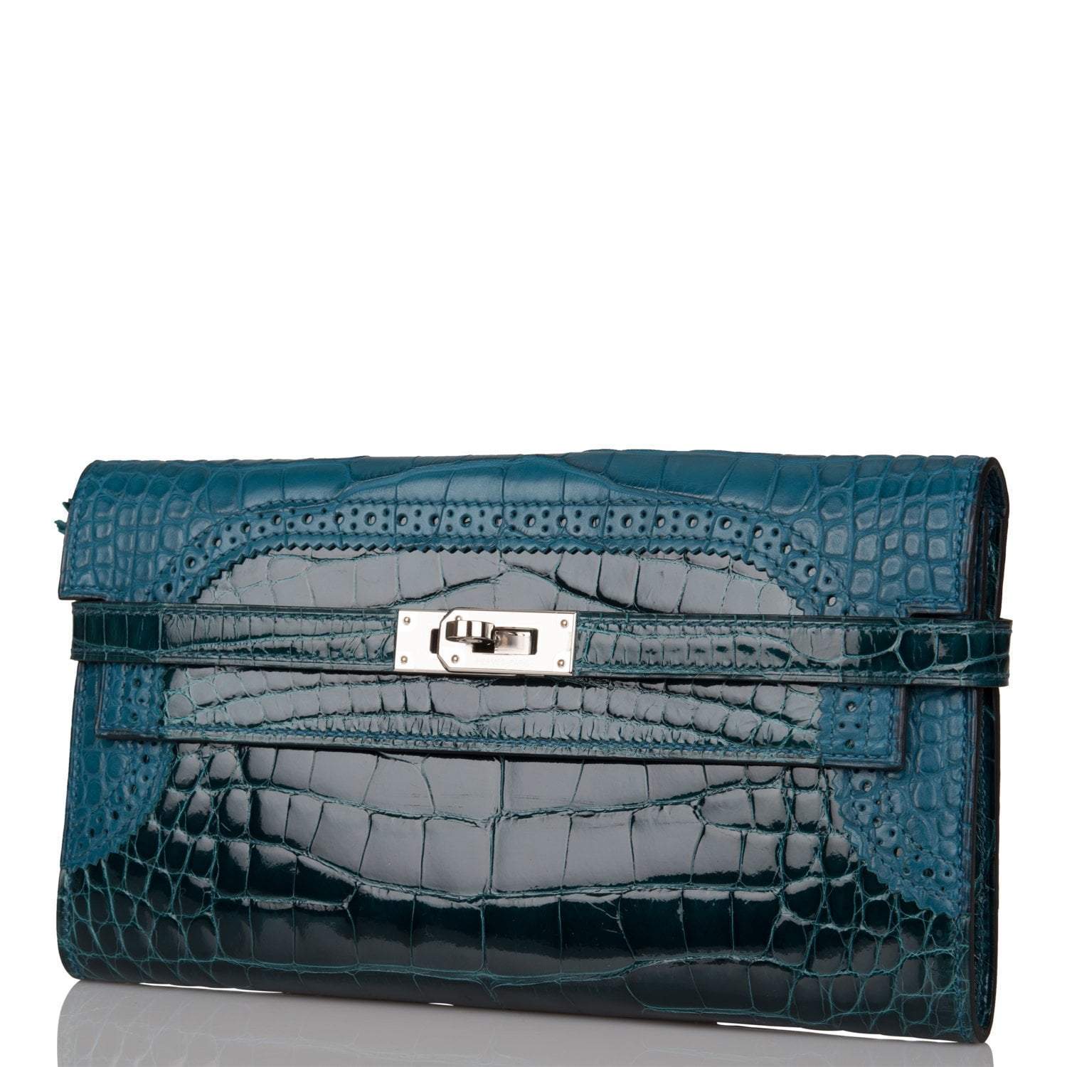 Hermes Kelly Long Wallet Bleu Colvert Alligator Ghillies Palladium Hardware - Image 5