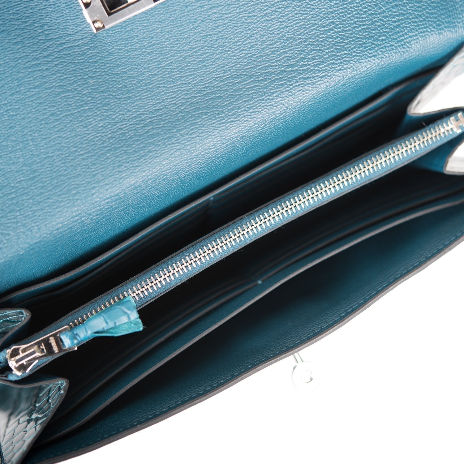 Hermes Kelly Long Wallet Bleu Colvert Alligator Ghillies Palladium Hardware - Image 9