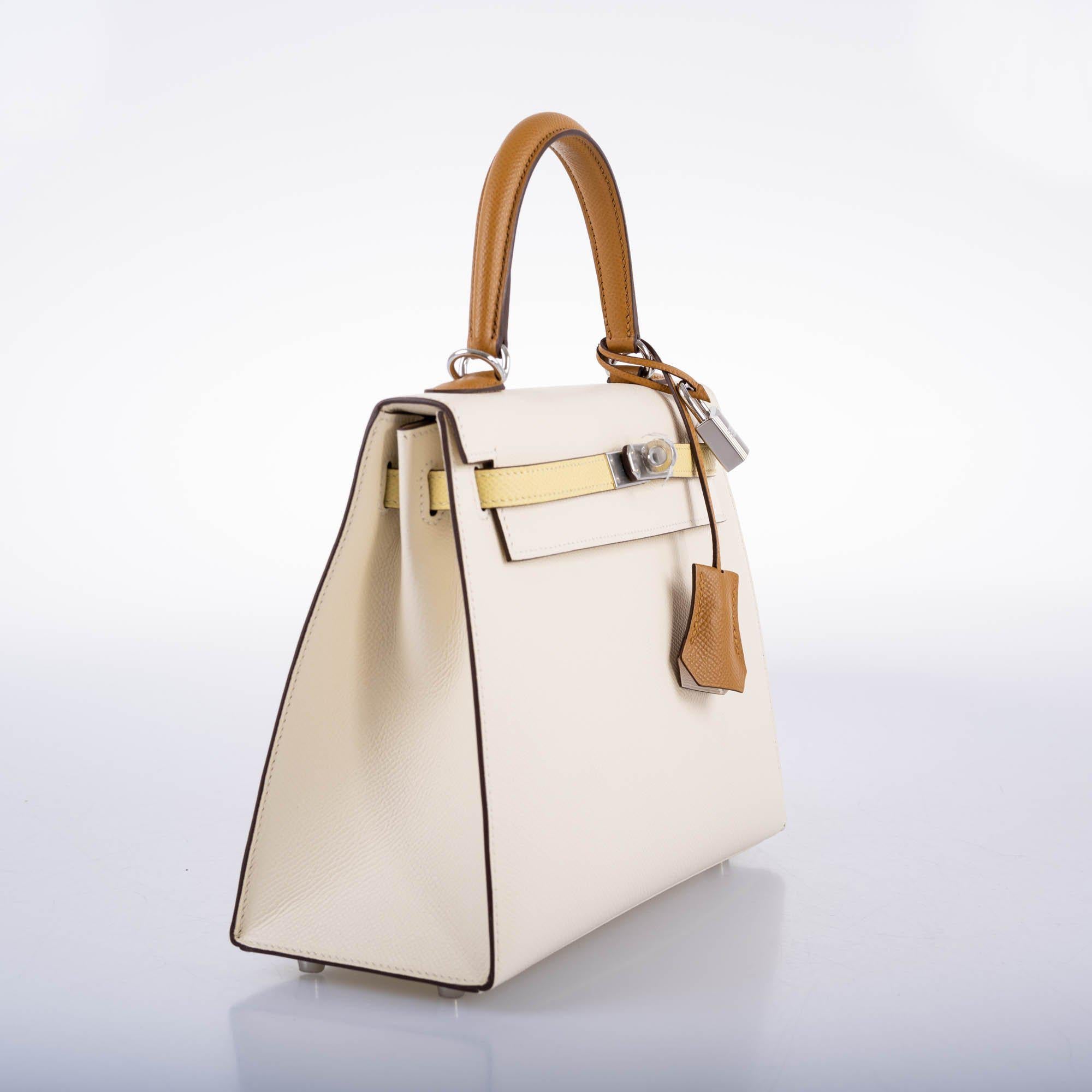 Hermes Kelly 25 Sellier Limited Edition Tri-Color Nata, Jaune Poussin and Sesame Epsom Palladium Hardware - 2020, Y - Image 4