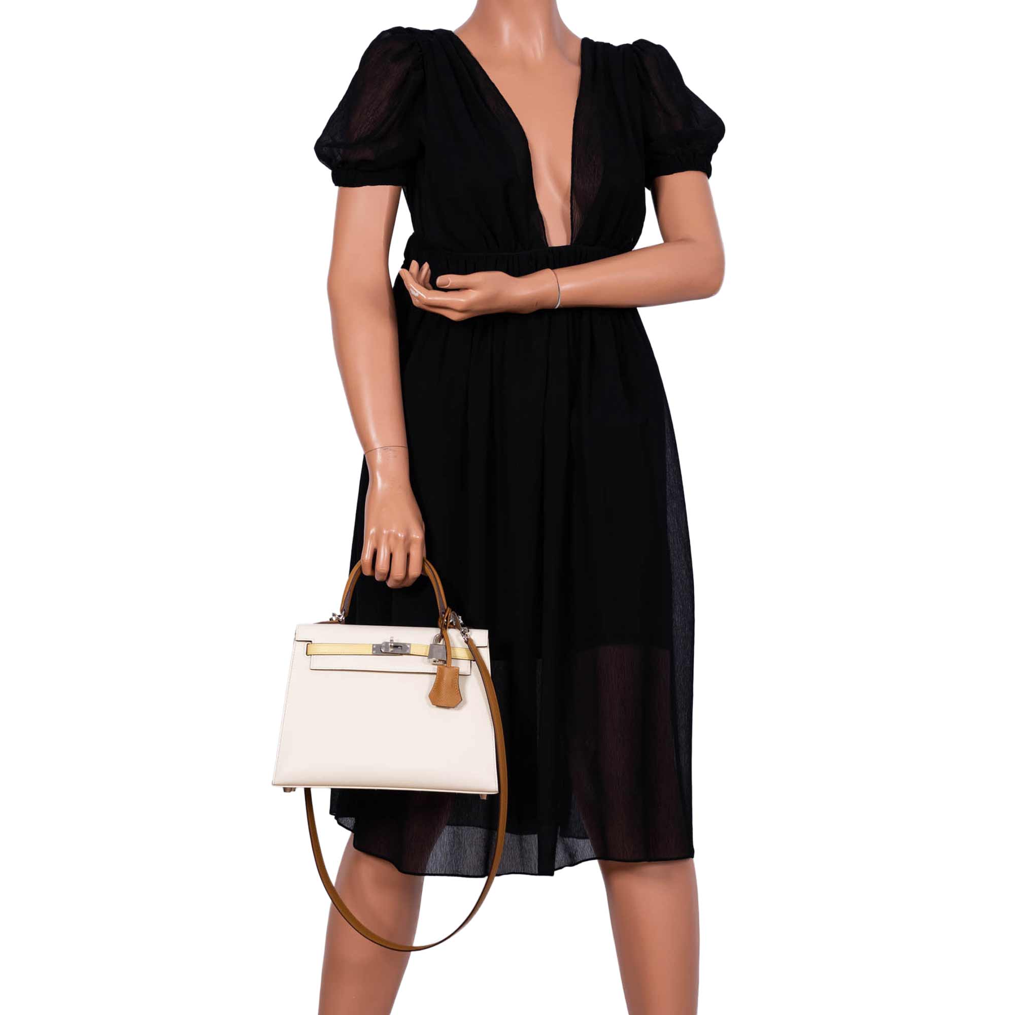 Hermes Kelly 25 Sellier Limited Edition Tri-Color Nata, Jaune Poussin and Sesame Epsom Palladium Hardware - 2020, Y - Image 2