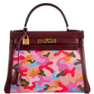 Vintage Hermes Kelly 28 Retourne Rouge H Calf Box & Toile Camouflage Painting