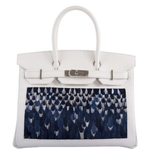 Vintage Hermes Birkin 30 White Epsom Custom Feather Panel